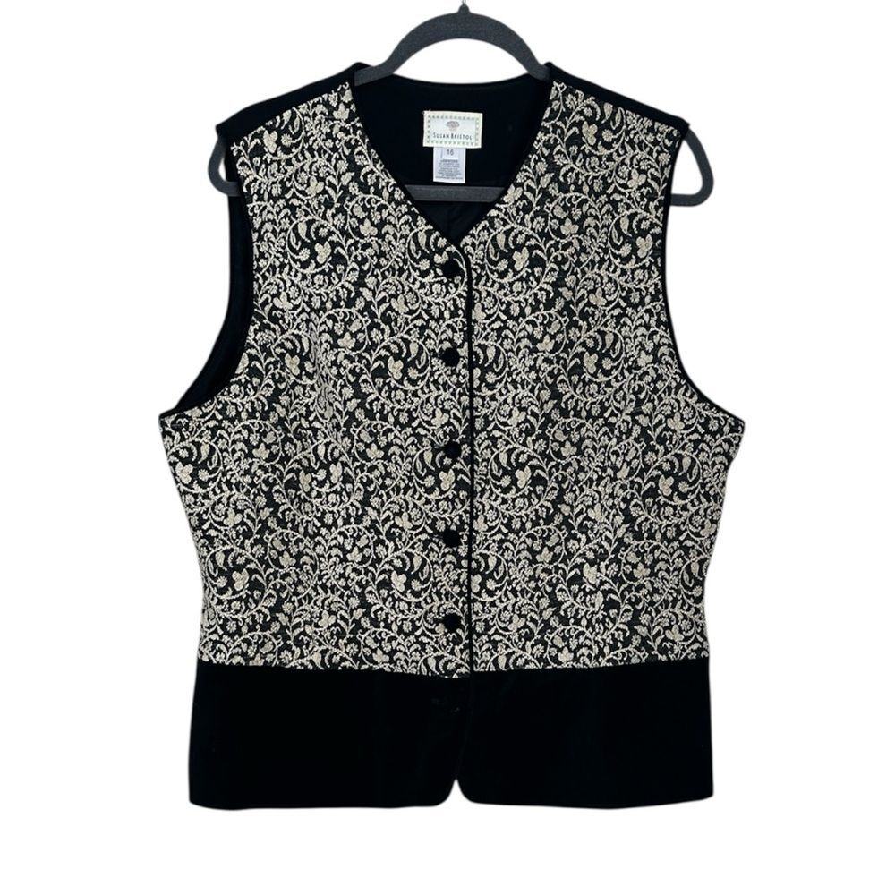 Vintage 1990s Susan Bristol Black & Gold Tapestry Vest with Velvet Trim Size 16